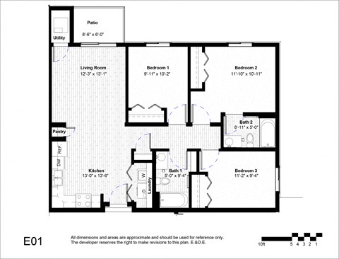 Floor plan for 3 beds, 2 baths, 1049 sqft